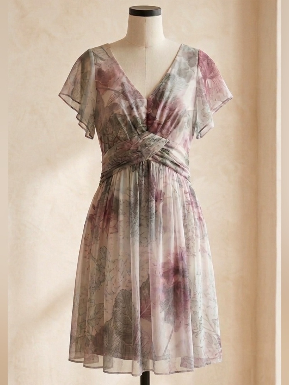 Floral 100% Mulberry Silk V-Neck Chiffon Midi Dress in Soft Pastel